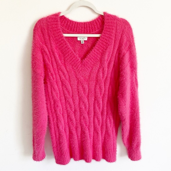 Lucky Brand Plush V-Neck Pullover Hot Pink Fuzzy Cable Knit Oversized Sweater L - Picture 2 of 10